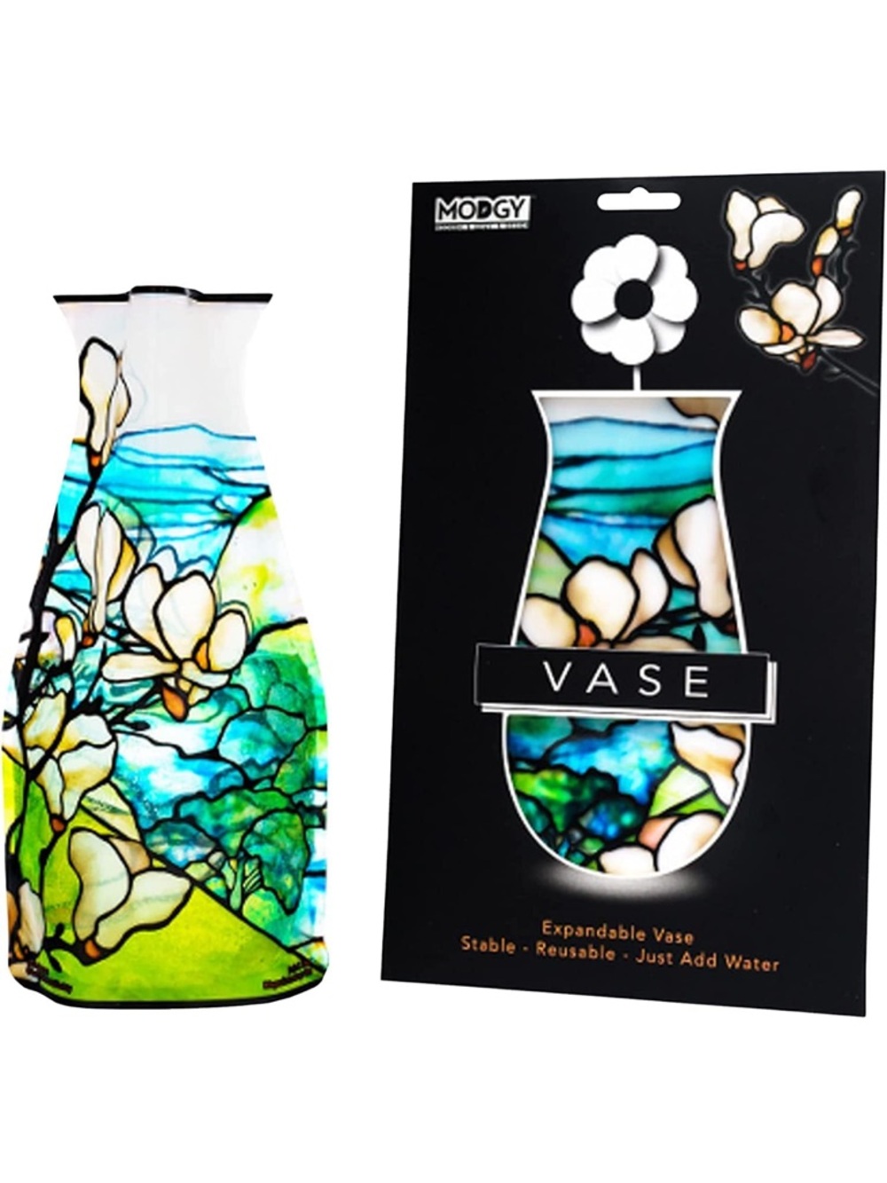 Modgy Blue & Green Floral Expandable plastic Vase. NWT.